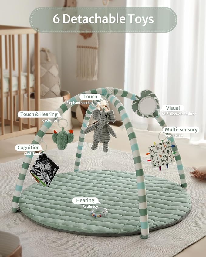 Blissful Diary Baby Play Gym Mat, Alfombrilla de Actividades con 6 Juguetes Desmontables, Verde Salvia miniatura 4