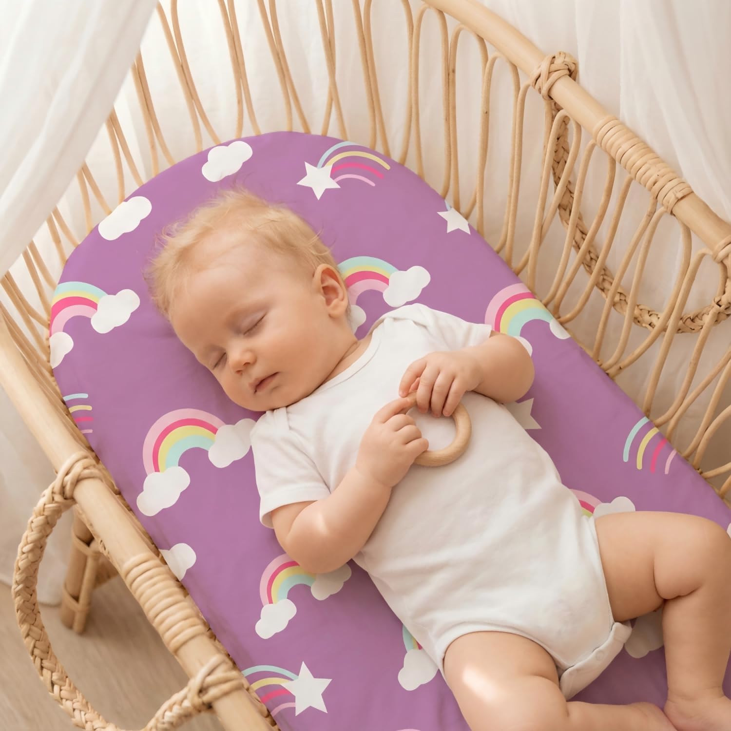 4 Pack Stretch Soft Baby Bassinet Sheet for Girls, Boys, Breathable Cozy Rainbows Crib Sheets Fit for Hourglass Oval Rectangle, Bedside Sleeper Bassinet Sheets thumbnail