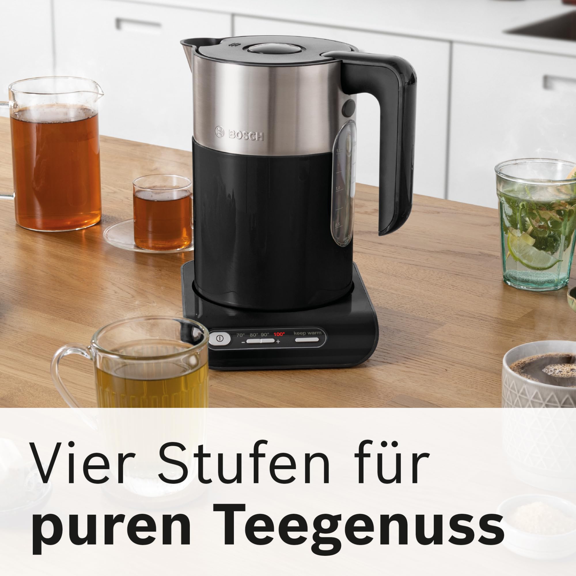 Bosch kabelloser Wasserkocher TWK8613P, Abschaltautomatik, Überhitzungsschutz, Temperaturwahl, Warmhaltefunktion, 1,5 L, 2400 W, schwarz