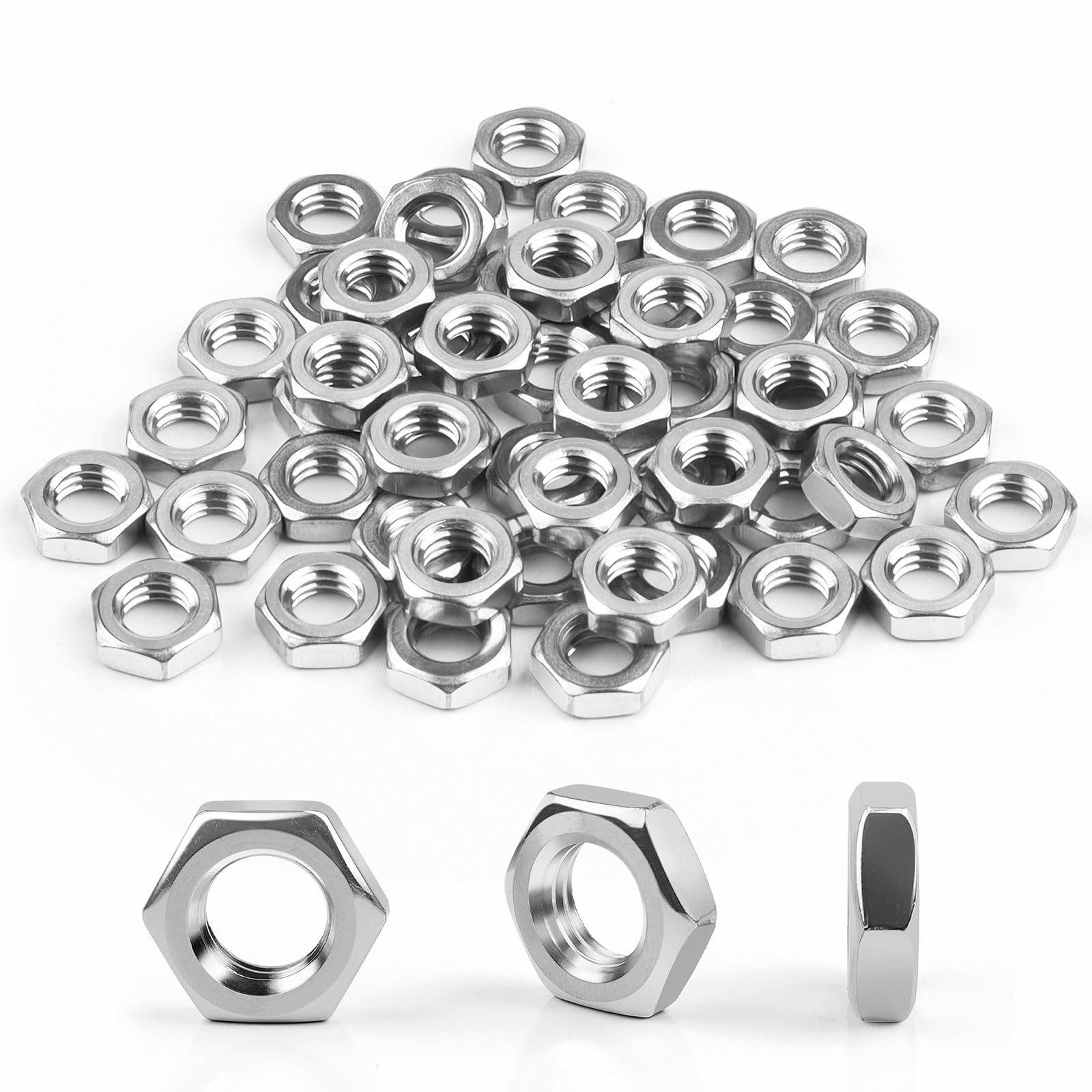 Dadi M4, 50 pezzi, dadi esagonali in acciaio inox (forma bassa), DIN439 A2 V2A, dadi in acciaio inox, dadi piatti esagonali per viti e rondelle e barre filettate