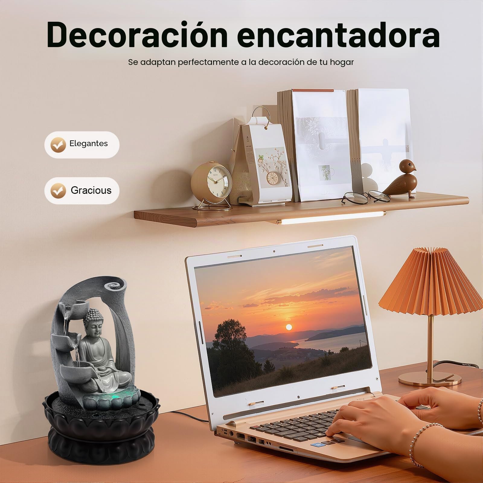 Fuente de interior de Buda, fuente de habitación con luces LED, decoración de Buda, Feng Shui, decoración de salón, fuente de mesa interior, fuente de mesa con Buda y loto.