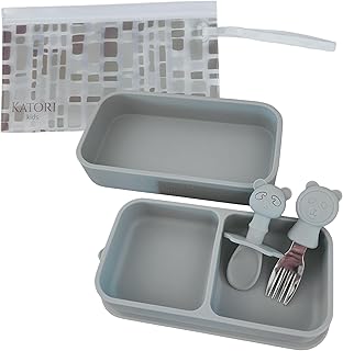 KATORI KIDS Suction Plate for Baby To Go | 5pc Travel Silicone Baby Plate Feeding Set with Travel Bag | Toddler Plate | Baby Travel Essential | Baby Bowl | Platos para Bebes (Boho Grey)