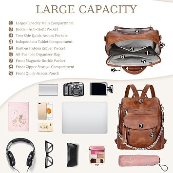 Rucksack Bag for Women, Vegan Leather Backpack Womens, Ladies Fashion Backpacks for Work University Travel Business