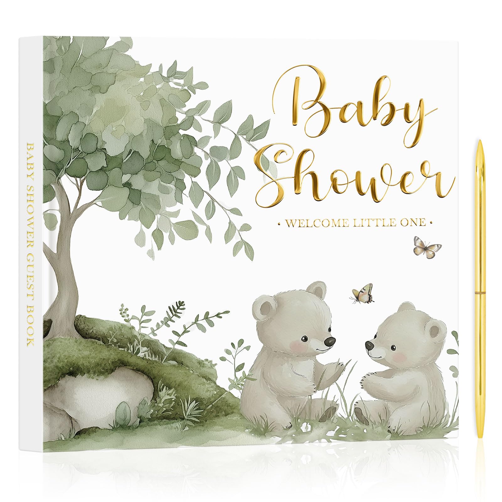 Lanpn Baby Shower Guest Book with Gold Pen & Please Sign Table Card, 114 Pages Baby Shower Guest Sign in Book, Gender Neutral Animal Theme, Memory Keepsake Gift for Mom to Be & New Parents