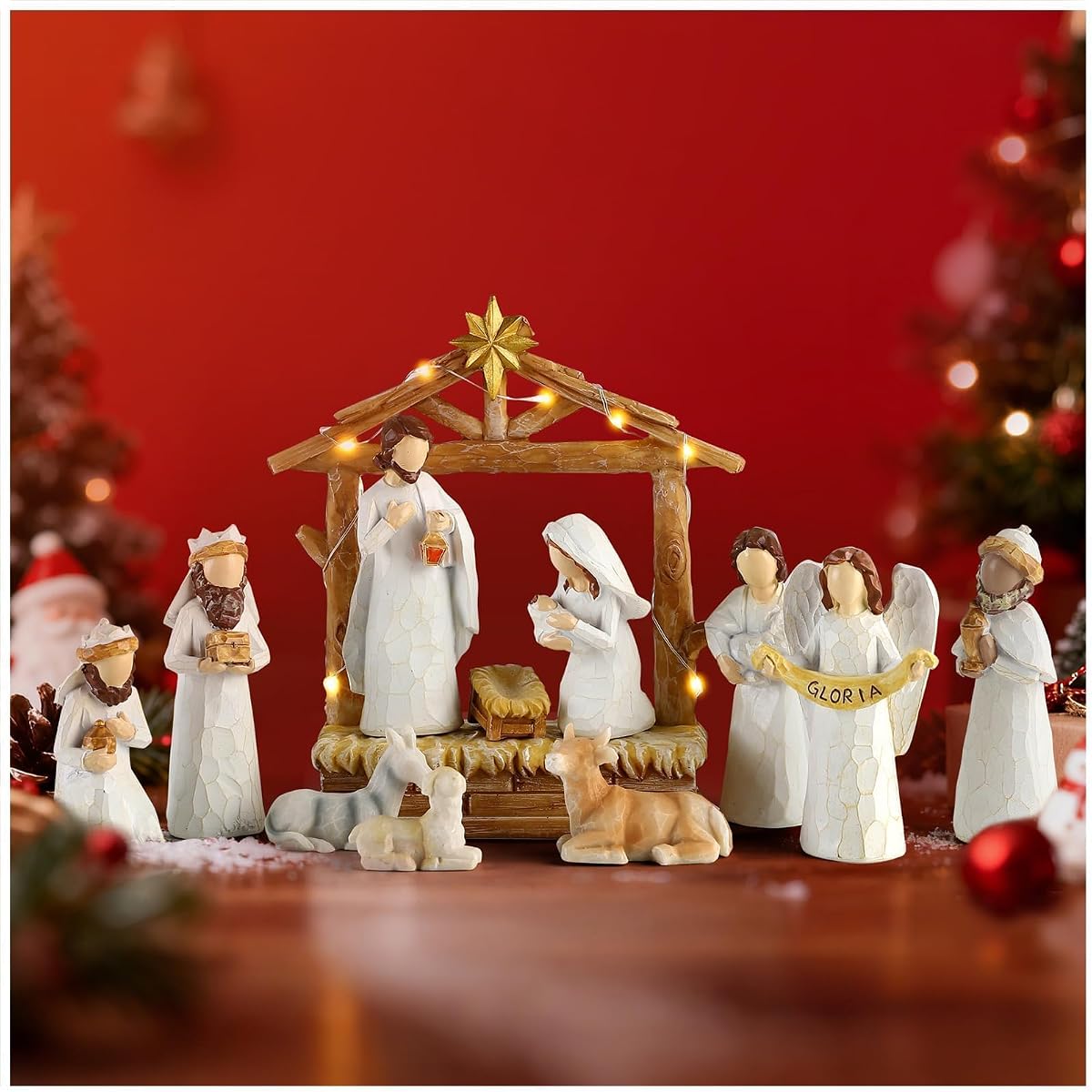 12 Piezas Belén con Luces - Conjuntos de Belén Pintados a Mano en Blanco Figura de Resina, Decoración de la Primera Historia de Navidad, Pesebre de la Sagrada Familia, Conjunto de Belén para Manto Interior