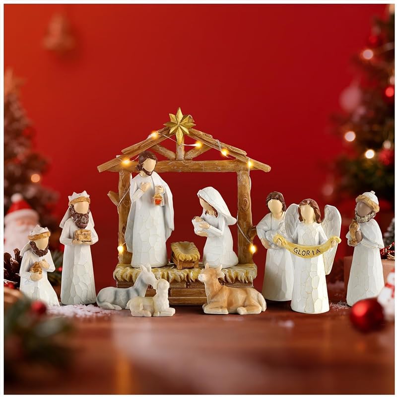 12 Piezas Belén con Luces - Conjuntos de Belén Pintados a Mano en Blanco Figura de Resina, Decoración de la Primera Historia de Navidad, Pesebre de la Sagrada Familia, Conjunto de Belén para Manto Interior