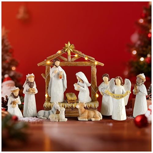 12 PCS Nativity Scene with Lights - White Hand Painted