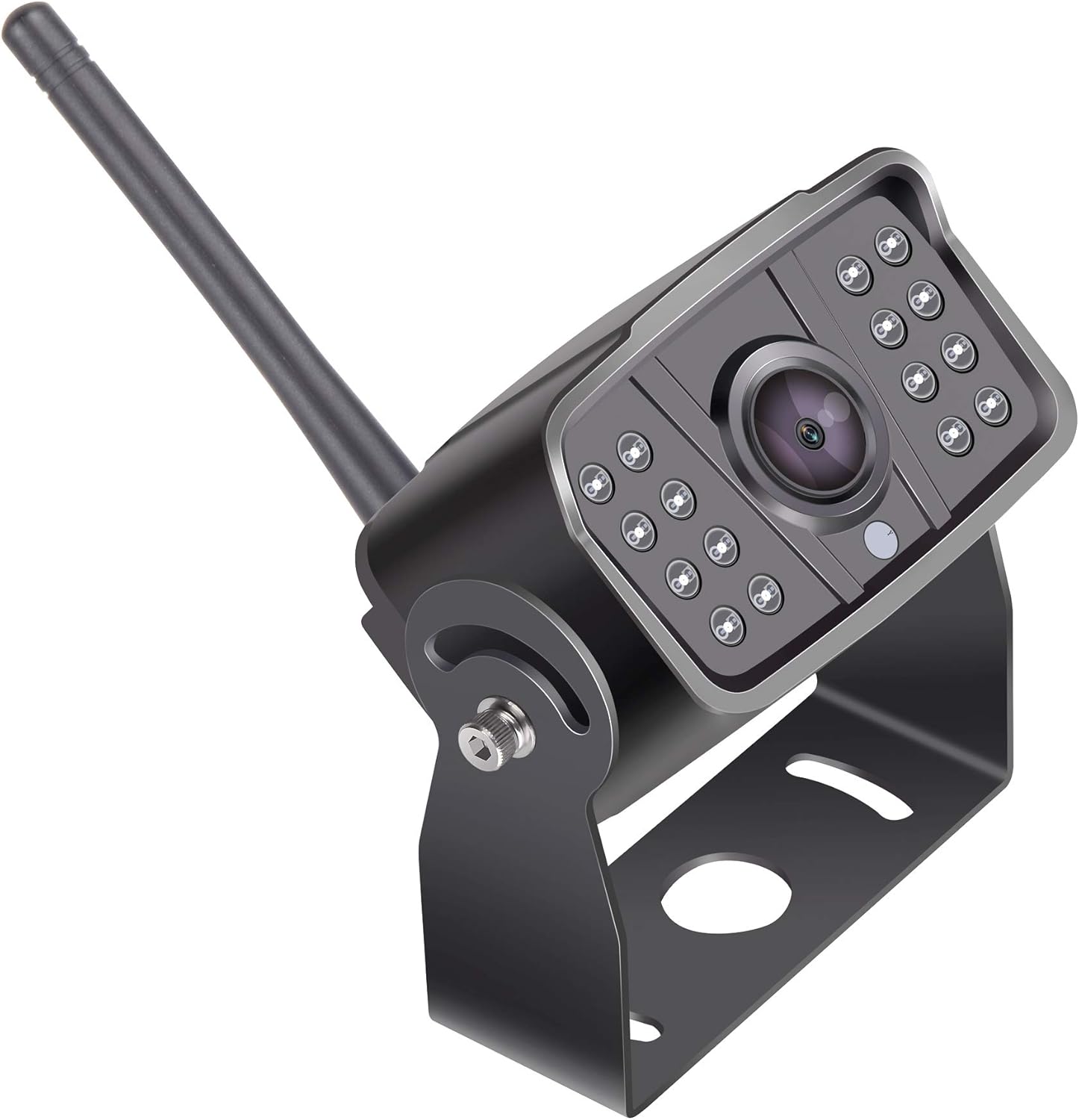 Side view of the LeeKooLuu LK8 wireless RV backup camera, showing the adjustable bracket and antenna angle.