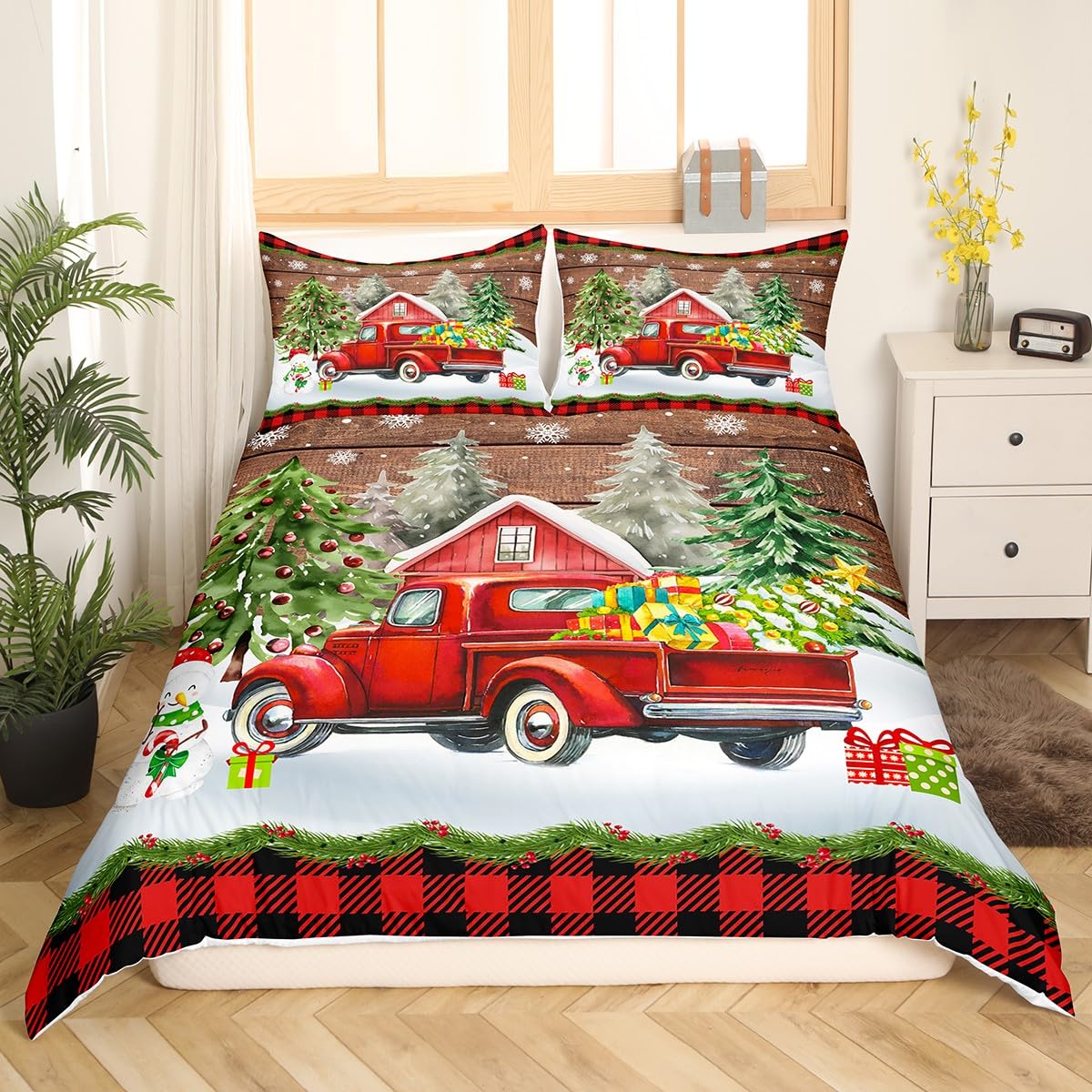 Christmas Duvet Cover Set King Size, Red Truck Xmas Trees Snowman Comforter Cover with 2 Pillowcases - Image 3