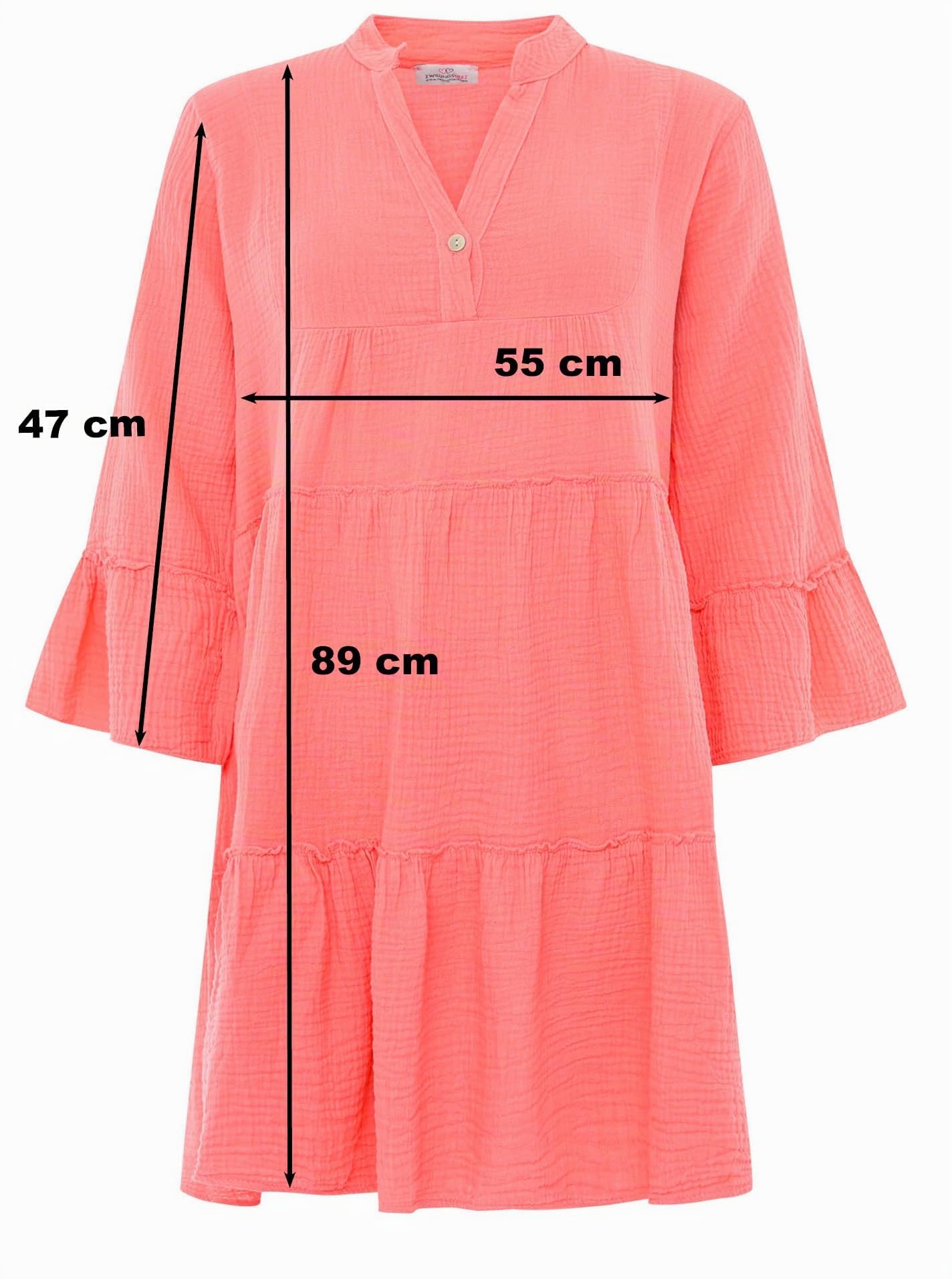 Zwillingsherz Musselin Kleid aus 100% Baumwolle mit V-Ausschnitt – Hochwertige Tunika für Damen Frauen Mädchen - Sommerbluse Freizeitkleid Strandkleid - Locker luftig perfekt für Frühling Sommer