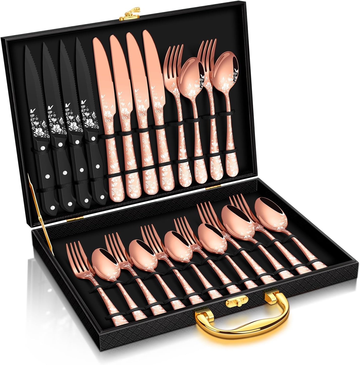Stapava 24 Pcs Rose Gold Silverware Set with Gift Box, Stainless Steel Copper Silverware Cutlery Flatware Set for 4, Include Mirror Forks Spoons and Knives Set, Dishwasher Safe Utensils Sets
