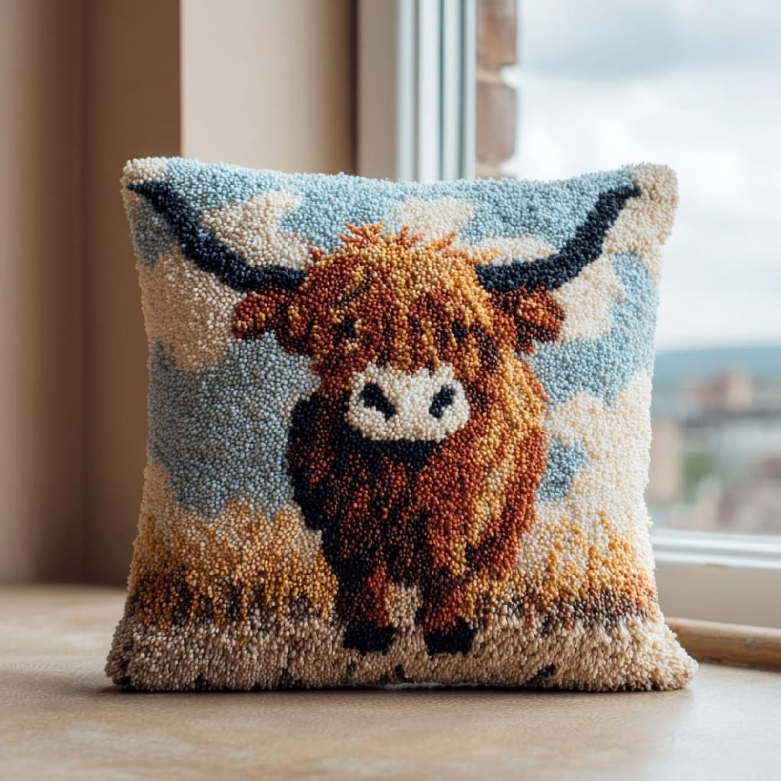 Henypt Latch Hook Kit 17x17 Inch,Highland Cattle DIY Cushion Cover Kit for Adults Beginners with Printed Canvas & Complete Tools,43x43cm
