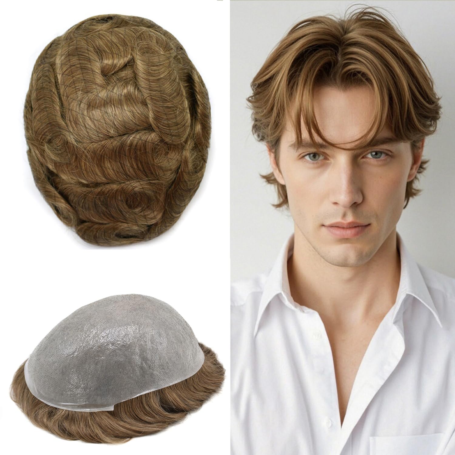 Hair System for Man 0.04MM Thin Skin PU Mens Hairpieces Human Hair Replacement Black Brown Blonde Gray Wigs #1720 17# DARK ASH BLONDE WITH 20% SYNTHETIC GREY 8"