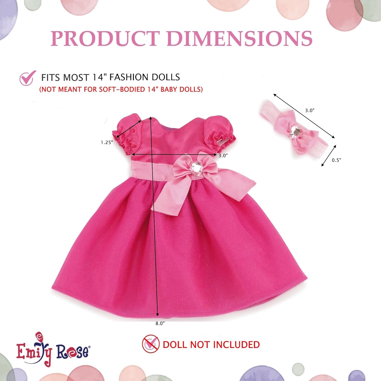 Emily Rose 14.5 Inch Doll Beautiful 14" Doll Jeweled Pink Party Dress, Includes Matching Headband Accessory | Perfect for Valentine's Day!
