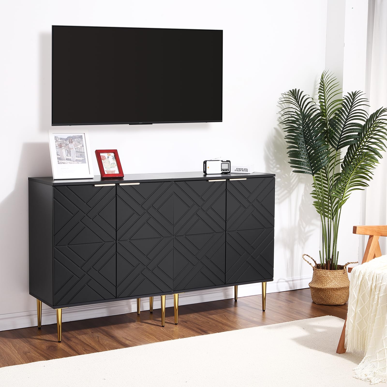 Credenza buffet moderna in legno nero con 2 ante a rilievo, ampio spazio contenitivo, perfetta per sala da pranzo, soggiorno, cucina o ingresso, ideale come mobile per stoviglie o scarpiere,