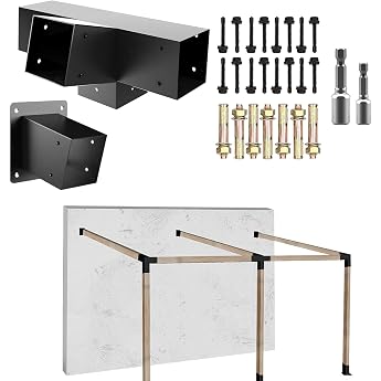 15  Sloping Roof Pergola Bracket Set 4 Way Right Angle Corner Bracket with Wall Mount Post Base for 4x4 Actually 3.5x3.5 Wood for Pergolas Gazebos Porches - 2