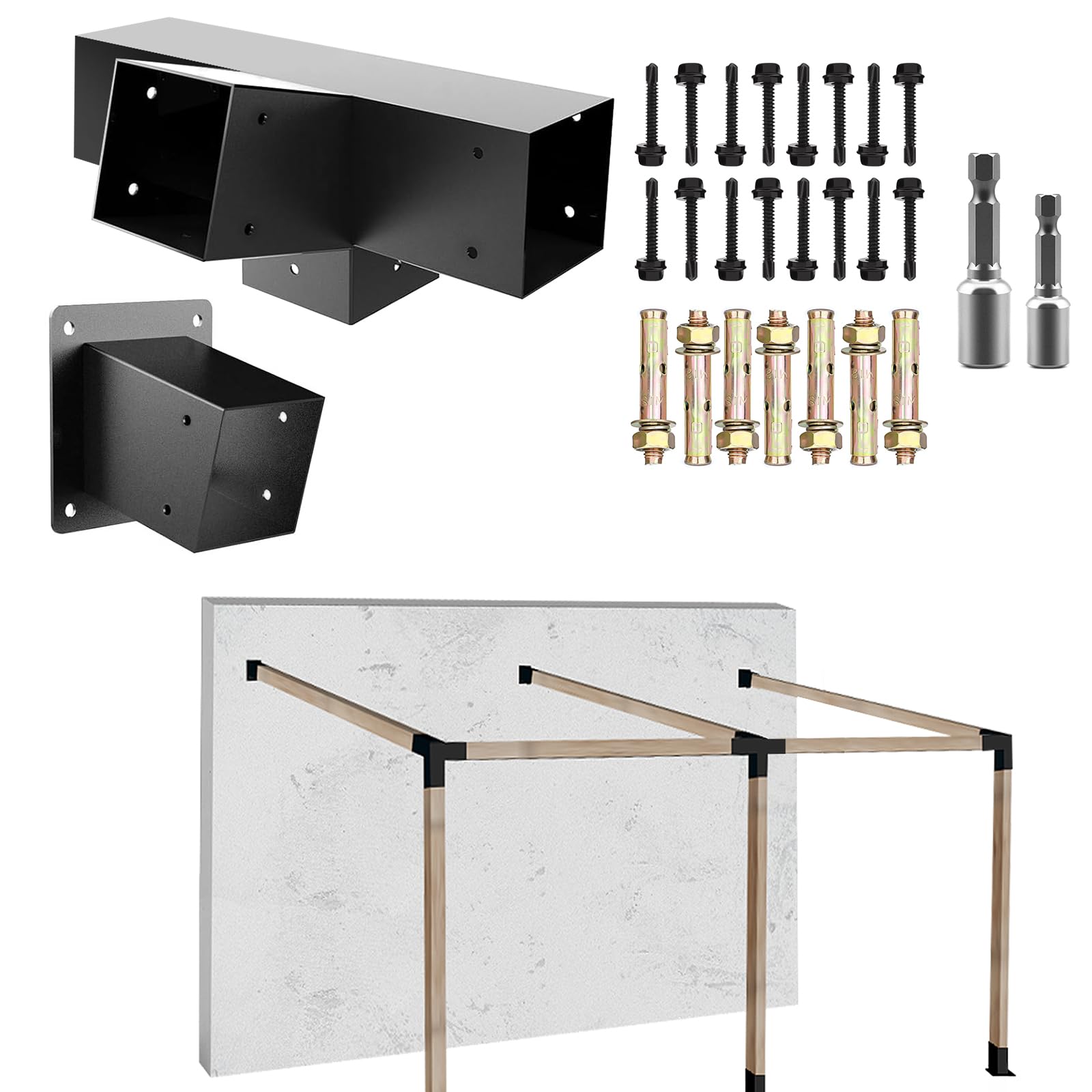 Kit di staffe per pergola a tetto inclinato a 15°, staffa angolare a 4 vie ad angolo retto con base per montaggio a parete per 4 x 4 (attuale: 8,9 x 8,9 cm) legname per pergolati, gazebo,