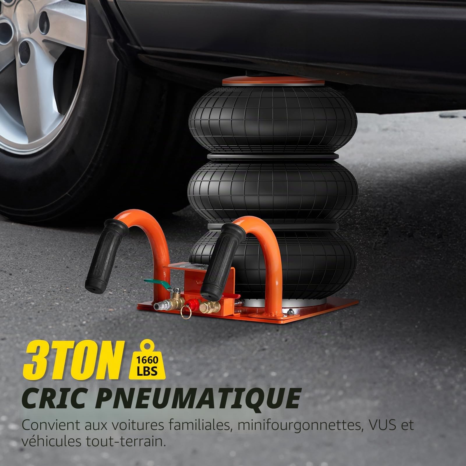 Bonnlo Cric Pneumatique 3 Tonnes, Plage 135-400 mm, Pression 1,0 MPa, Levage Rapide pour Voiture SUV Atelier Garage (Orange)
