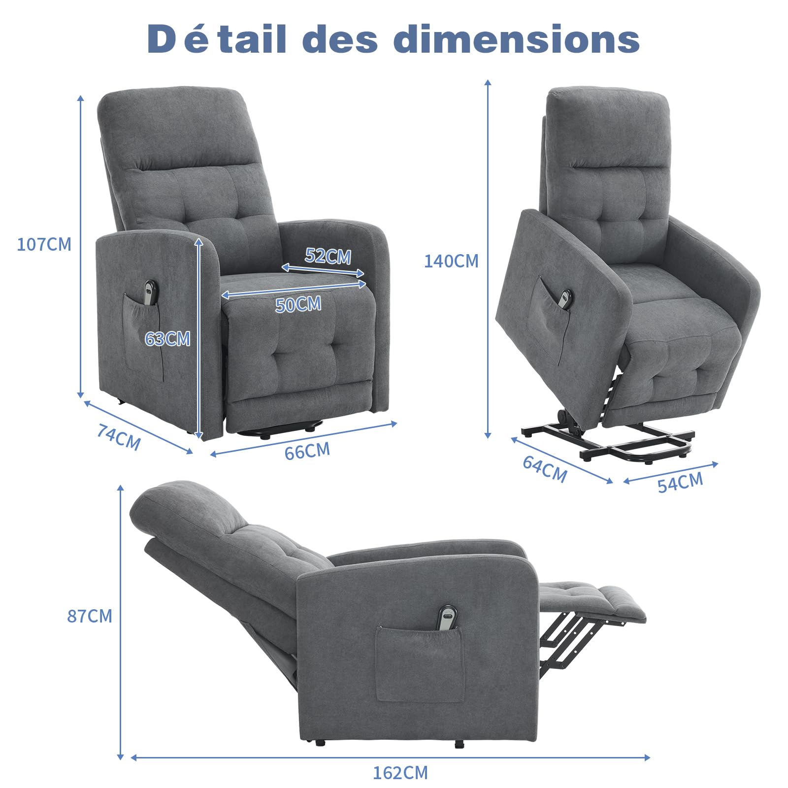 Fauteuil Releveur Relax, Fauteuil de Relaxation, Inclinaison Réglable et Repose-Pieds Télécommande (Gris foncé)