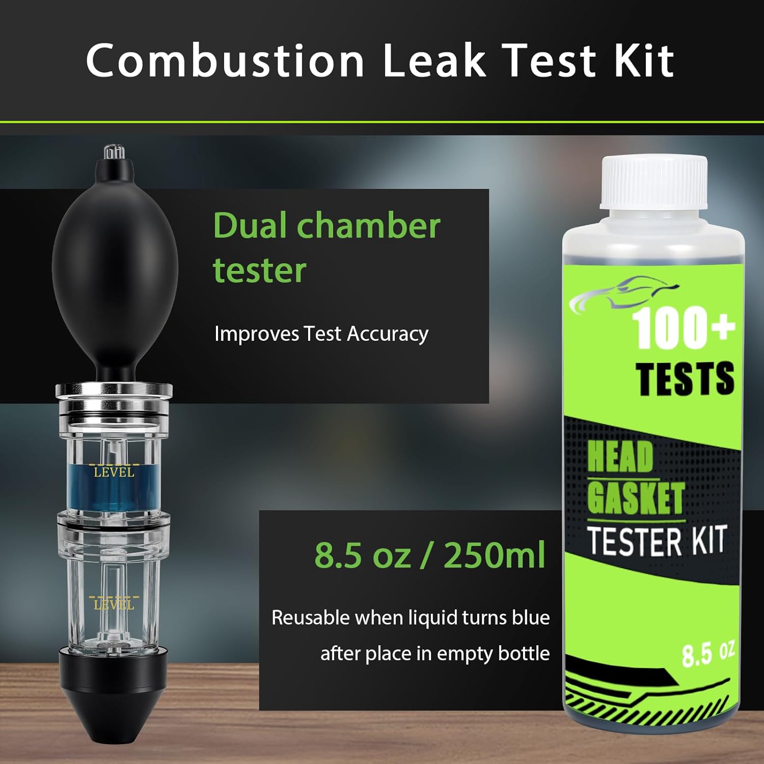 Dual-Chamber Head Gasket Tester Kit,Accurately and Quickly Detects Leaks in Head Gasket,Combustion Leak Tester—Compatible with Most Gasoline/Diesel Vehicles Models,Saves Time and Repair Costs