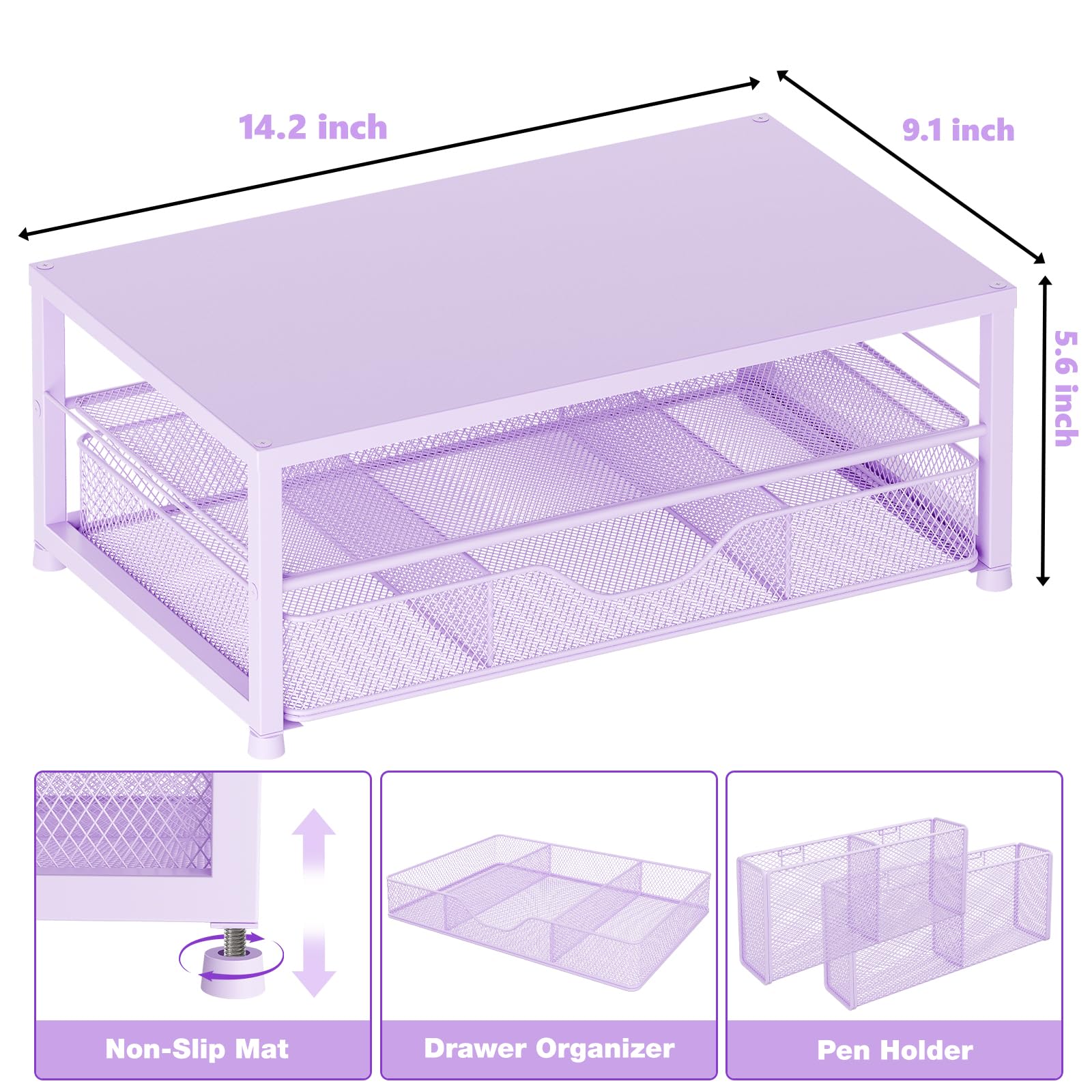 OPNICE Organizer da scrivania e accessori, supporto per monitor del computer a 2 livelli con cassetto e 2 portapenne, supporto per laptop, accessori da scrivania per ufficio, confezione da 1, viola