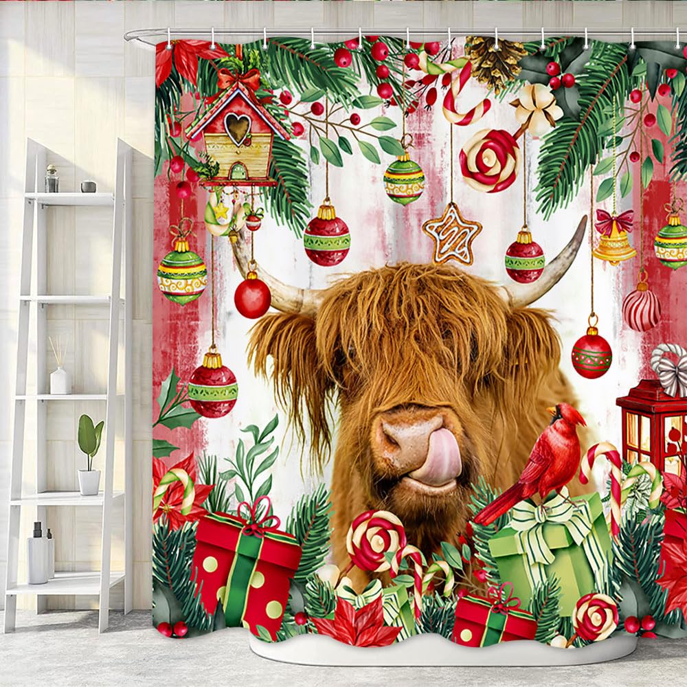 Highland Cow Shower Curtain - Western Rustic Farmhouse Bathroom Decor, 70x70 Inches - View #10