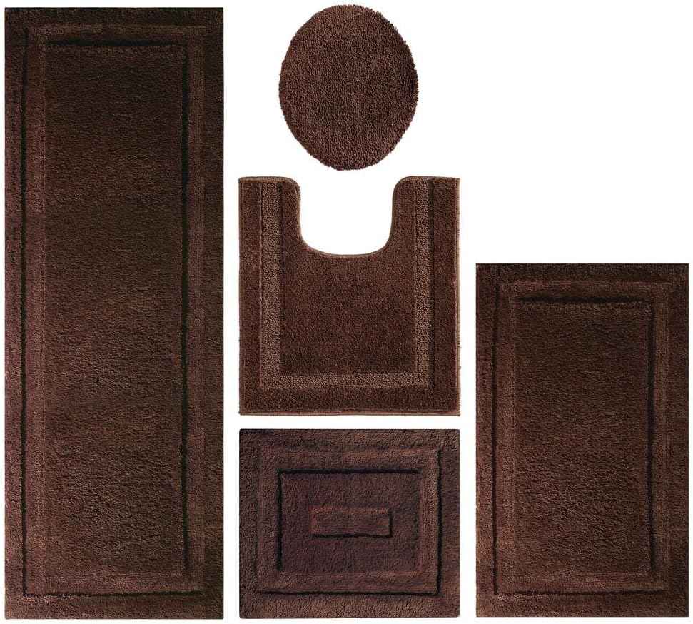mDesign Soft Microfiber Polyester Bathroom Spa Rug Set - Water Absorbent, Machine Washable, Non-Slip - Includes 3 Rectangular Accent Rugs, Contour Mat, Toilet Lid Cover - Set of 5 - Chocolate Brown