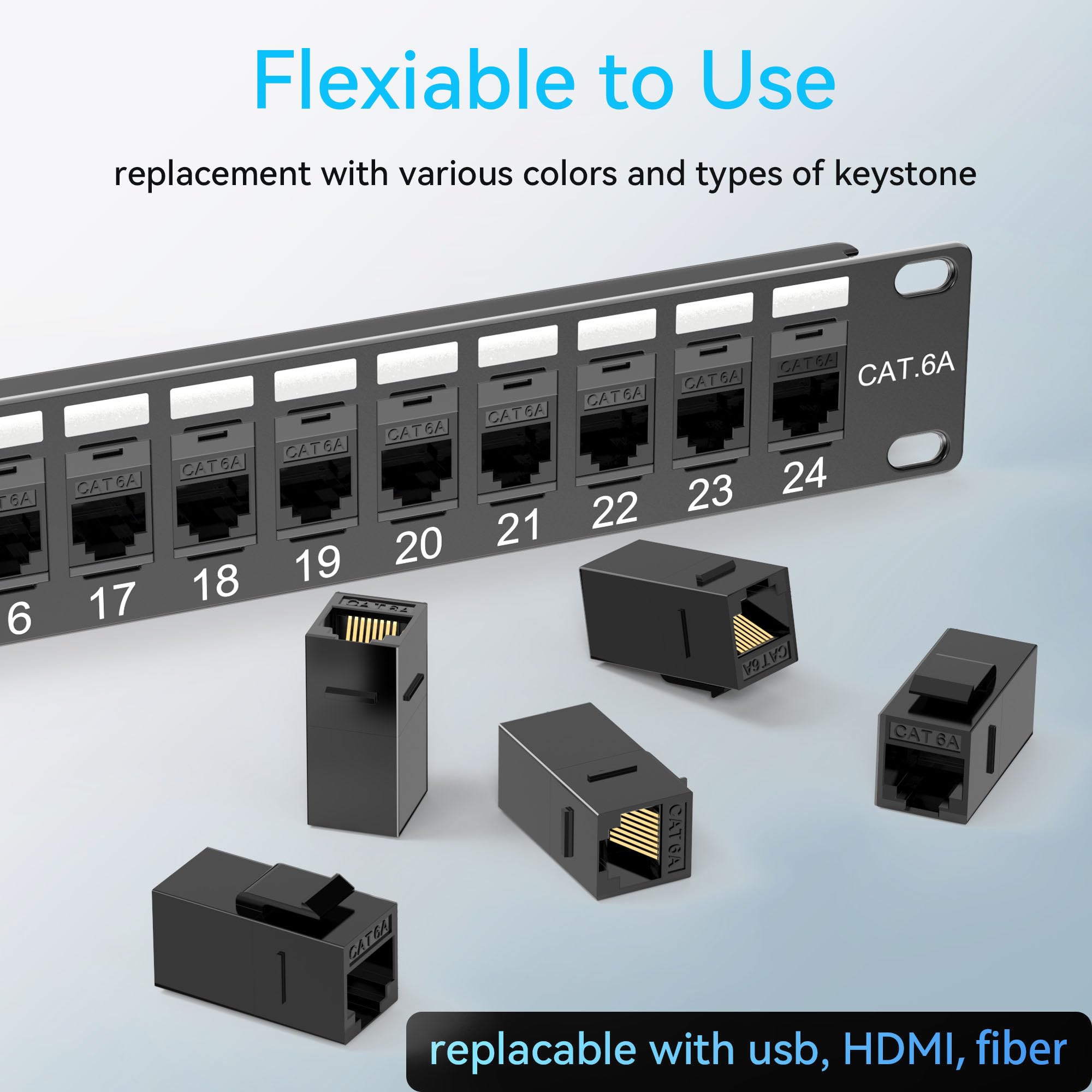 Sokqovt Panel de conexión de 24 puertos Cat6a con acoplador Keystone, panel de conexión de red Cat6 10G sin perforación, panel de conexión Ethernet 1U Rj45 de ahorro de tiempo con barra trasera