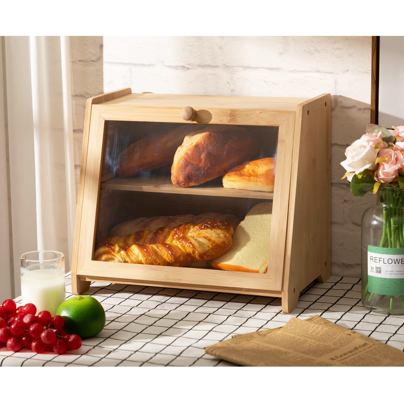 Buy BEJOY Large Bamboo Bread Box for Kitchen Countertop, 2 Layer Wooden