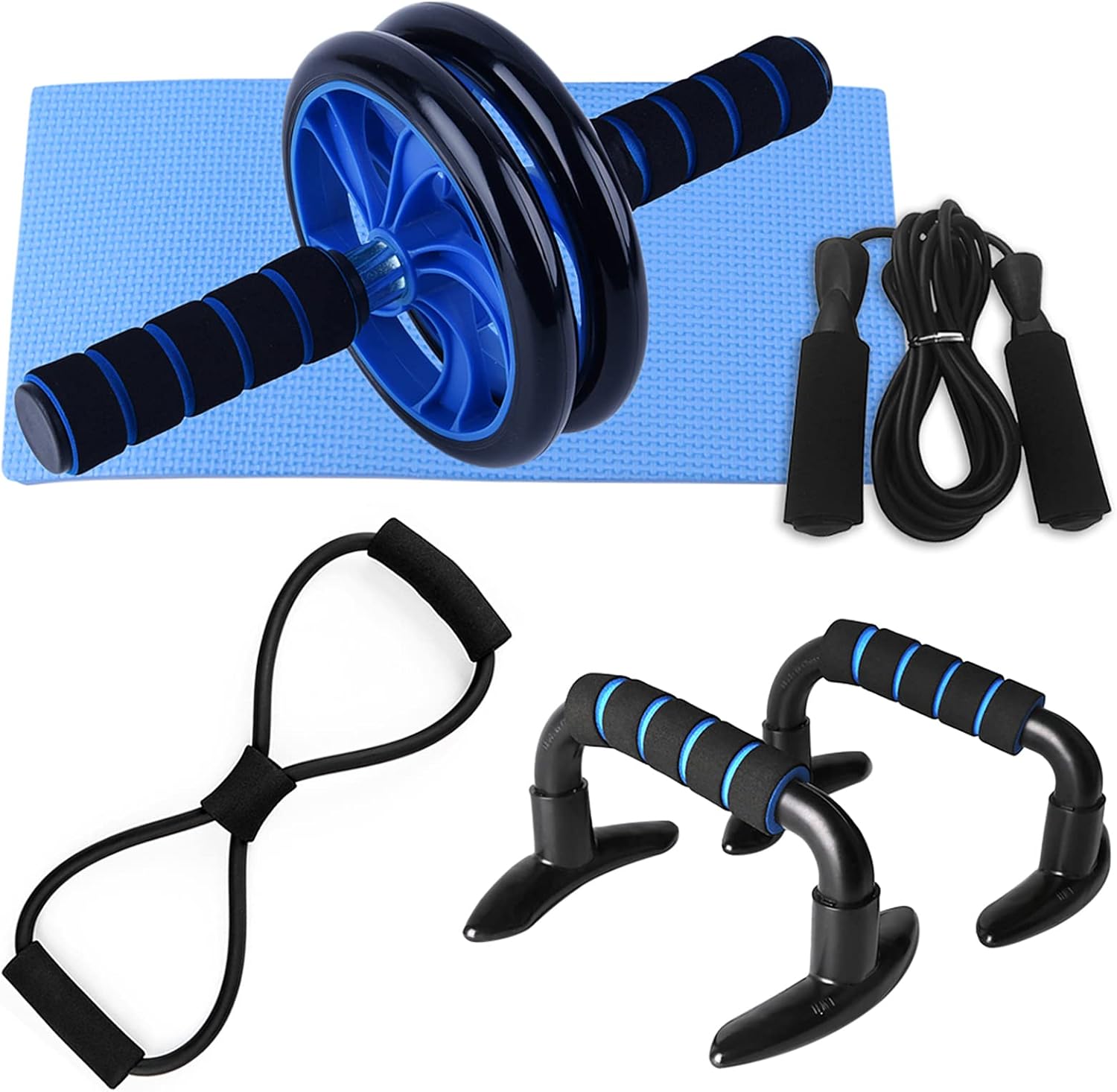 OUNA 5 PCS Home Gym Fitness Set Abdominal Roller Wheel 8 Shape Resistance Band Jump Rope Push up Bars Pack Kit