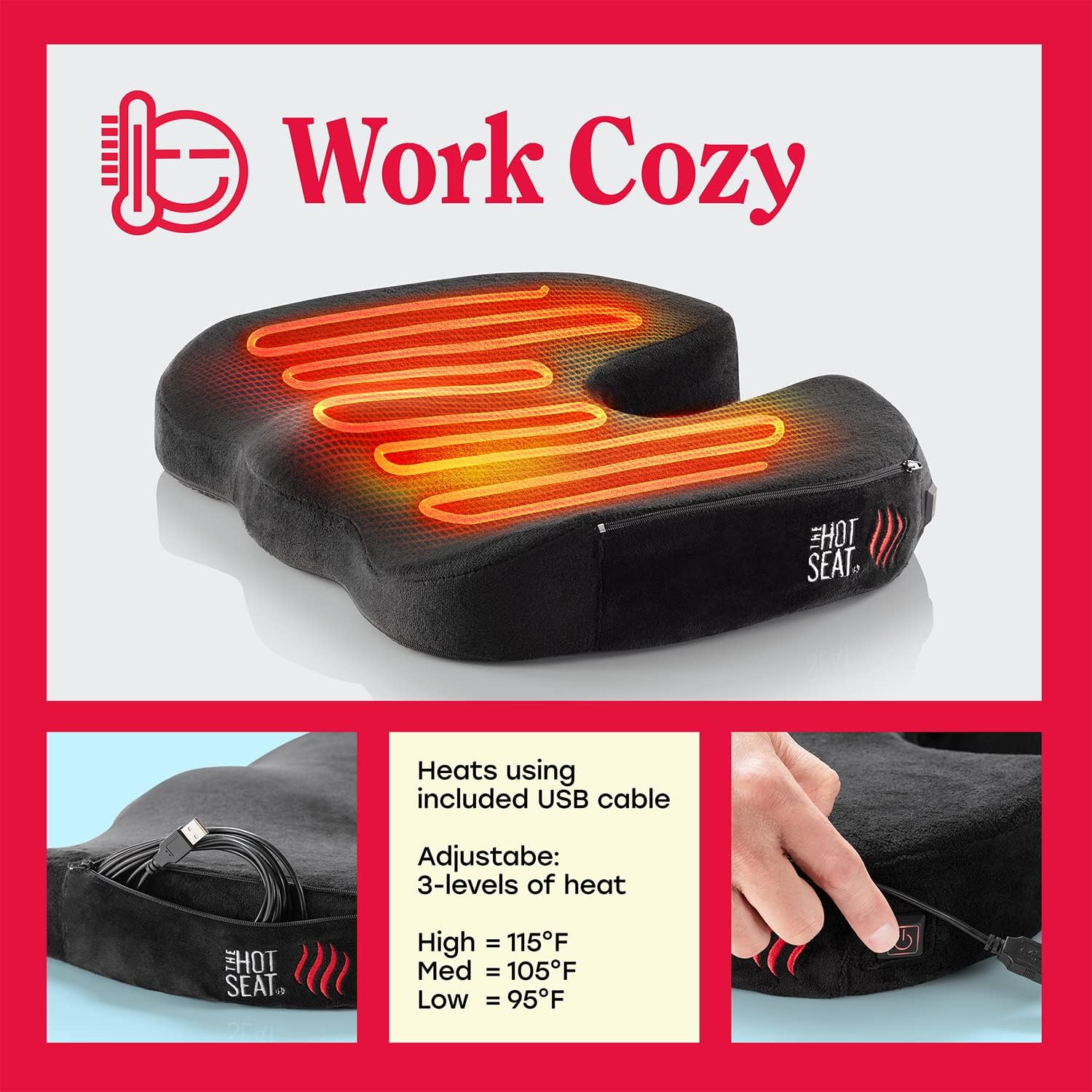 The Hot Seat, Heated Portable Cushion for Office Chair, Car, Plane. Semi Firm Memory Foam Support for Pain Relief and Comfort from Coccyx, Sciatica, Lumbar, and Tailbone (Battery NOT Included) by Pop : Office Products