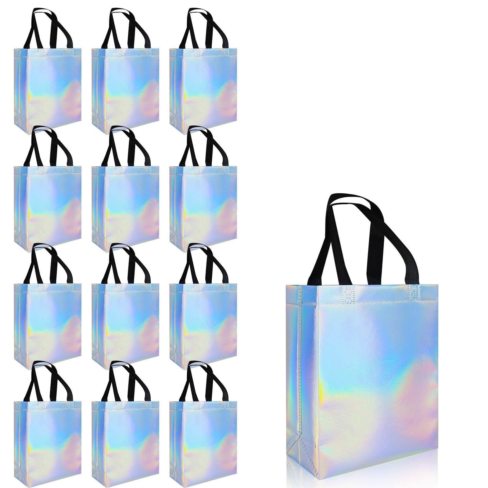 Glossy Iridescent Party Bags, 12 Pcs Luxury Birthday Bag Non-woven Reusable Shopping Tote Bag With Handles Sturdy Bases for Bridesmaid Wedding Party Shower Presents Easter Christmas Halloween