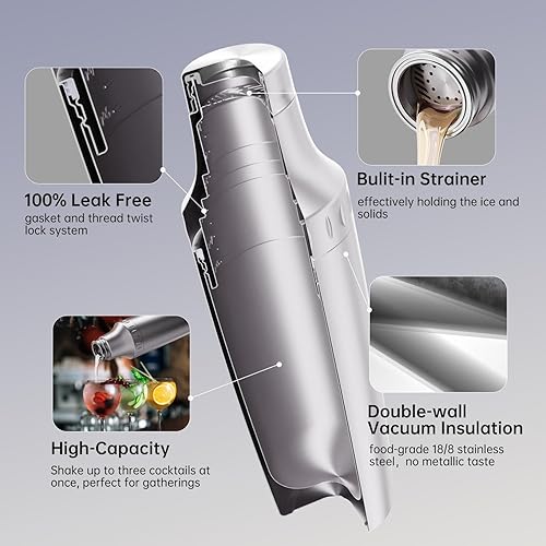 Miniatura 4 de Juego de coctelera híbrida  Coctelera de Martini de acero inoxidable aislada al vacío con colador y tapa de jigger  Kit de cóctel de viaje con