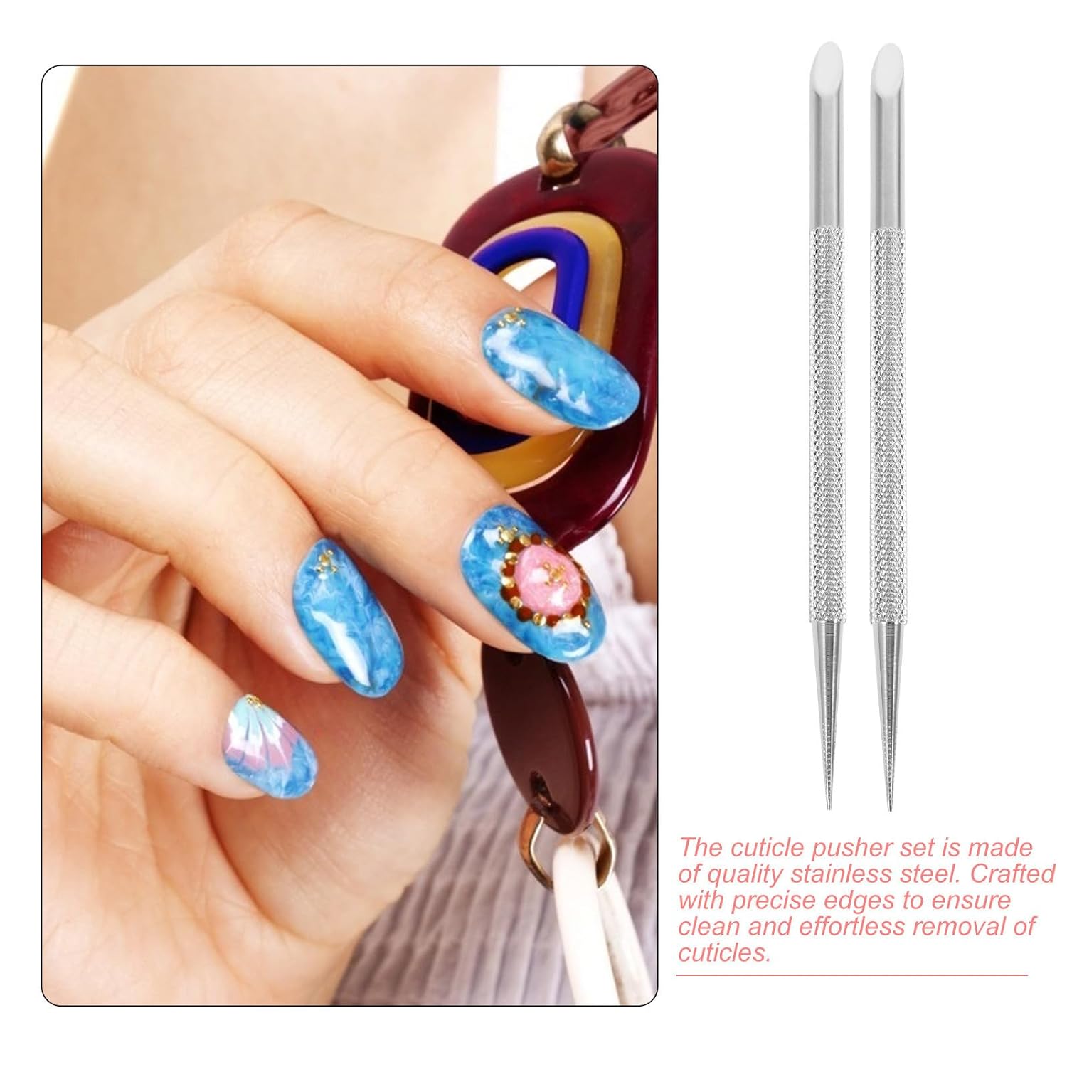 Stainless Steel Cuticle Pusher Tool 2pcs for Manicure Nail Care image 3