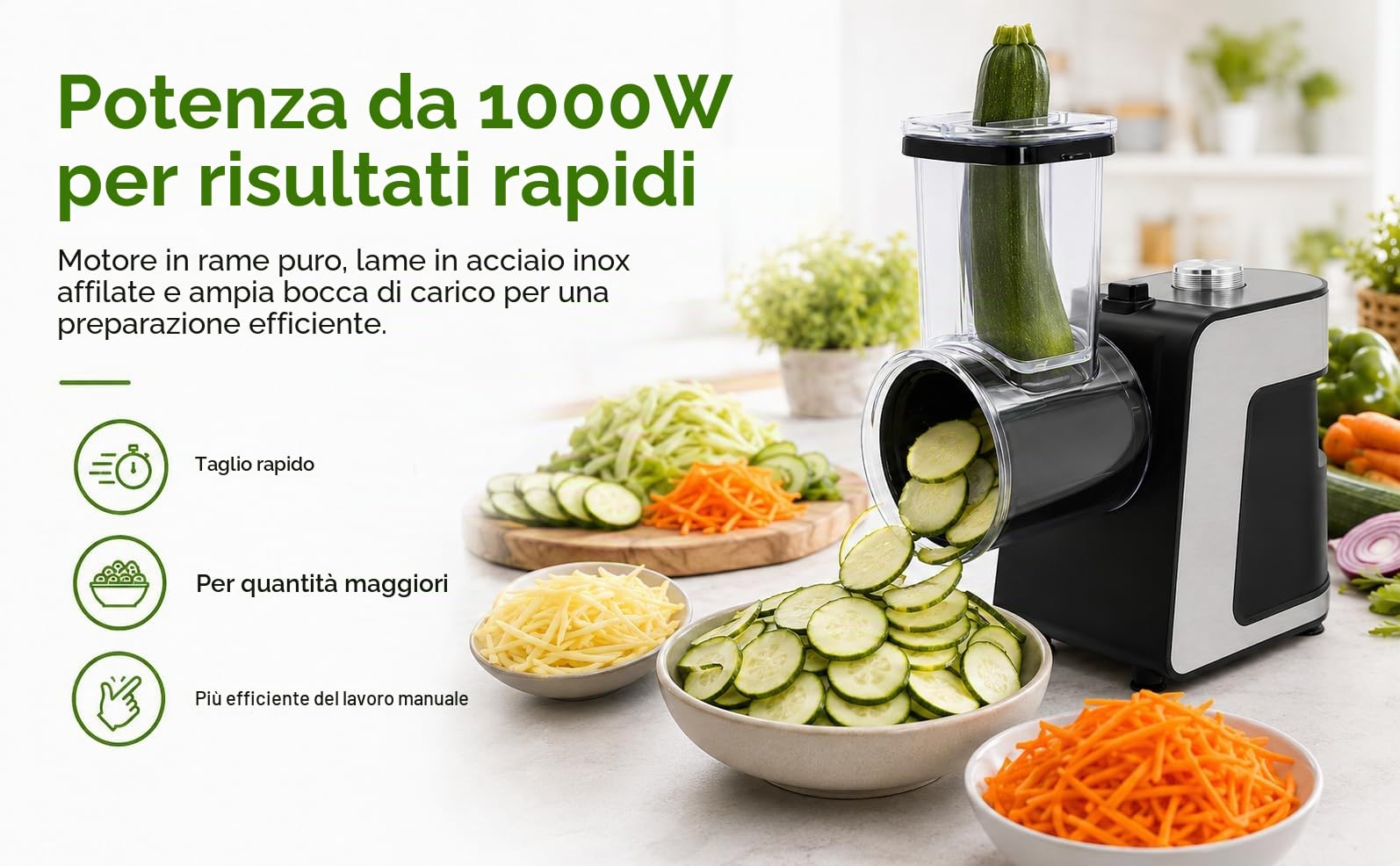 Grattugia elettrica per verdure, 1000 W, con 10 lame in acciaio inox, taglio vegetale elettrico per carote, formaggio, cetriolo, cipolle (nero)