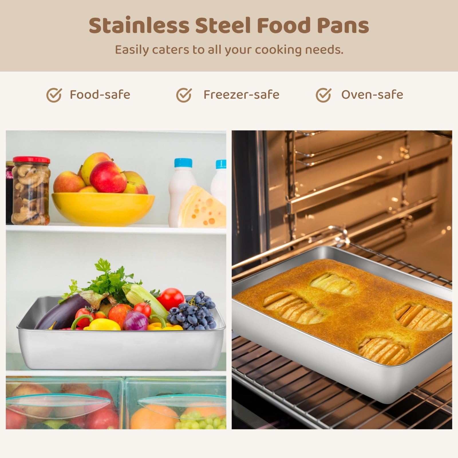 2 Stainless Steel Cake Pans with Lids, Non-Stick Rectangular Trays for Breads, Meats, Vegetables, and More