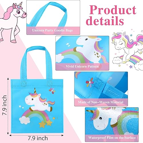 Miniatura 3 de Yerliker 24 bolsas pequeñas de unicornio para fiesta de cumpleaños, regalo de unicornio, bolsas de dulces con asas, reutilizables, no tejidas,