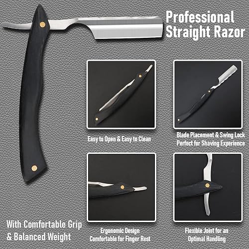 Miniatura 6 de Maquinilla de afeitar recta con estropa, maquinilla de afeitar profesional de acero inoxidable de alta calidad con trabilla de cuero para hombres,