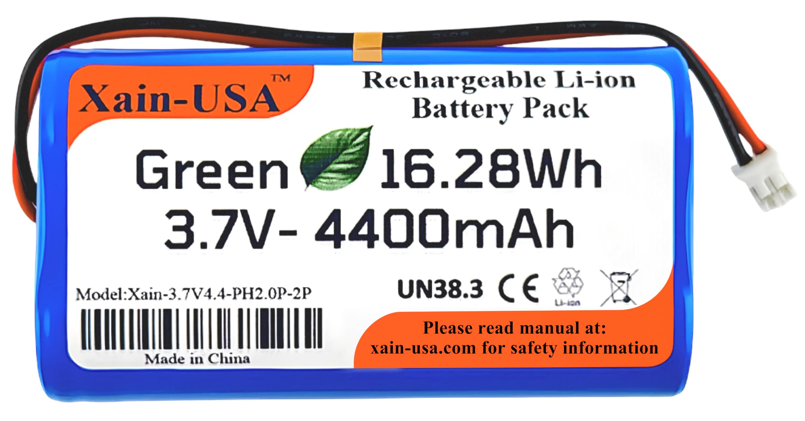 (1-Pack) 3.7V 4400mAh Li-ion Rechargeable Battery Pack with JST-PH2.0 2-Pin Connector for Electronics, LED Lighting, Low-Drain Devices, Outdoor Lights, Toys, GPS, Speakers, Fire Alarm