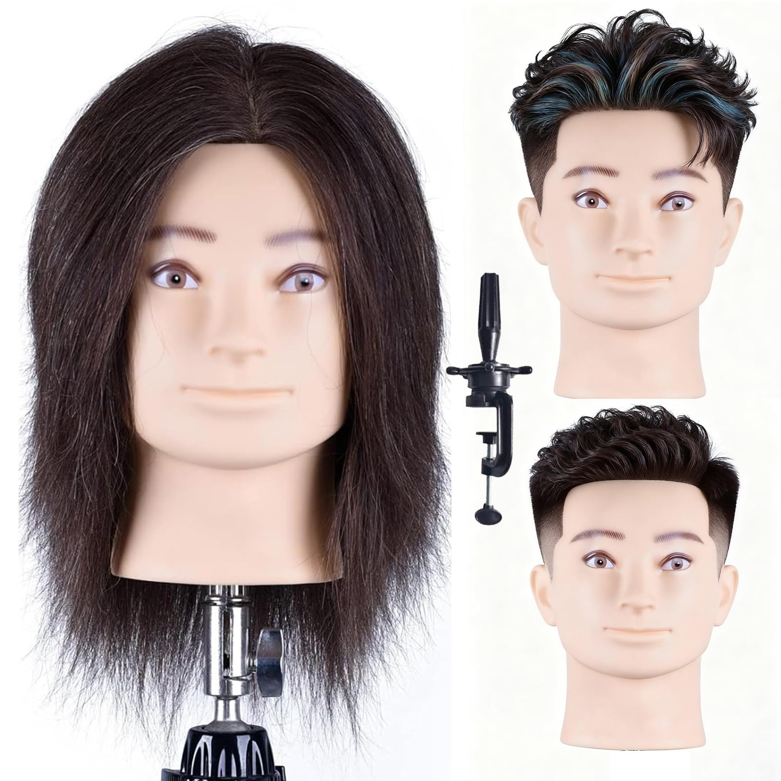 HAIR WAY Male Mannequin Head with 100% Human 8 Inch dresser Practice Cosmetology Styling Training Manikin Doll Head No table stand clamp (Dark Brown)