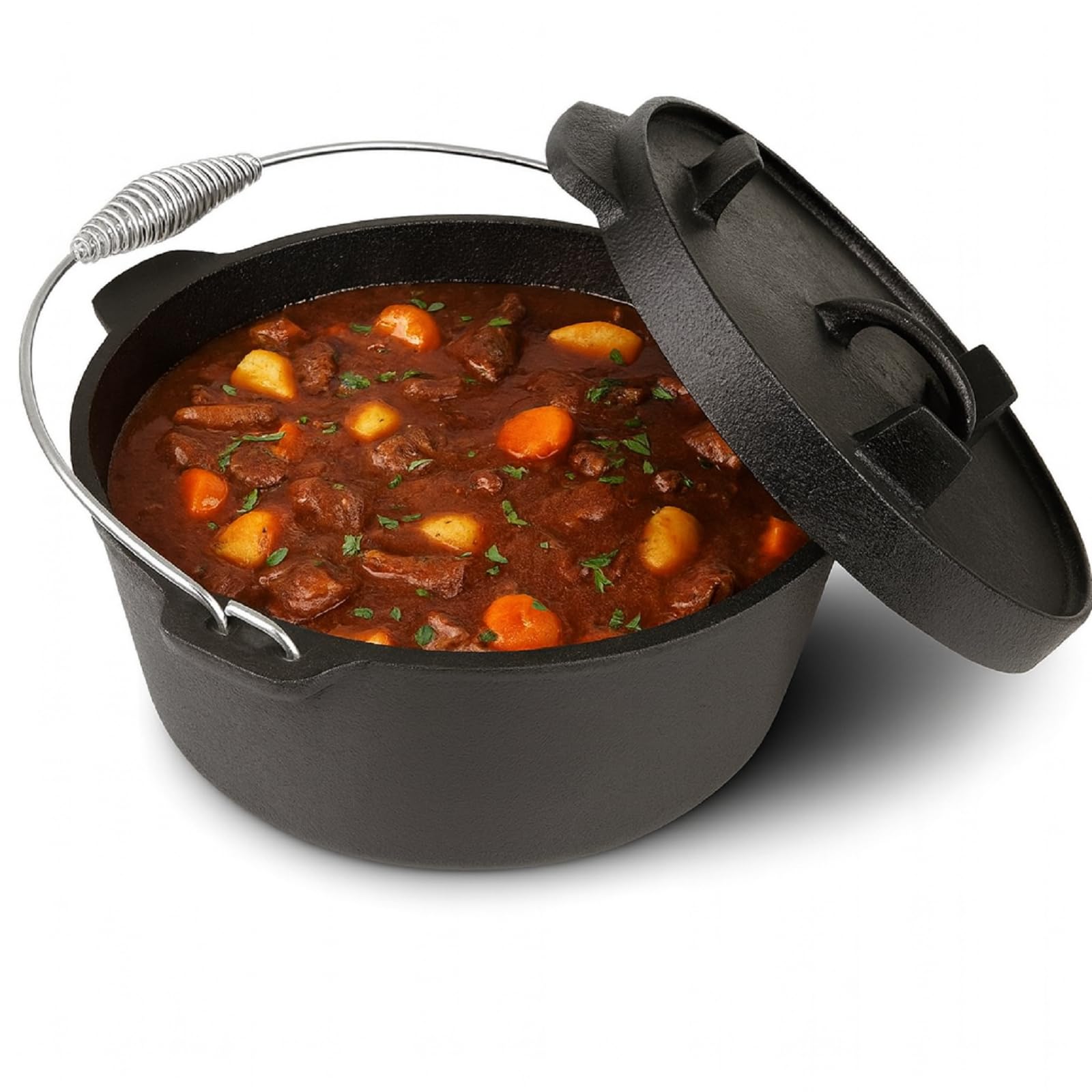 QLS Kociołek żeliwny Dutch Oven 6 L z pokrywą | Masywne żeliwo równomiernie trzyma ciepło. Do zup, gulaszy i duszenia na grillu, żarze lub ognisku
