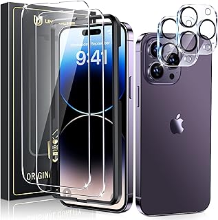 [2+2 Pack] UniqueMe Screen Protector Compatible for iPhone 14 Pro - 6.1 inch, 2 Pack Tempered Glass + 2 Pack Camera Lens Protector [Drop Protection] Case Friendly Scratch Resistant Easy to Install