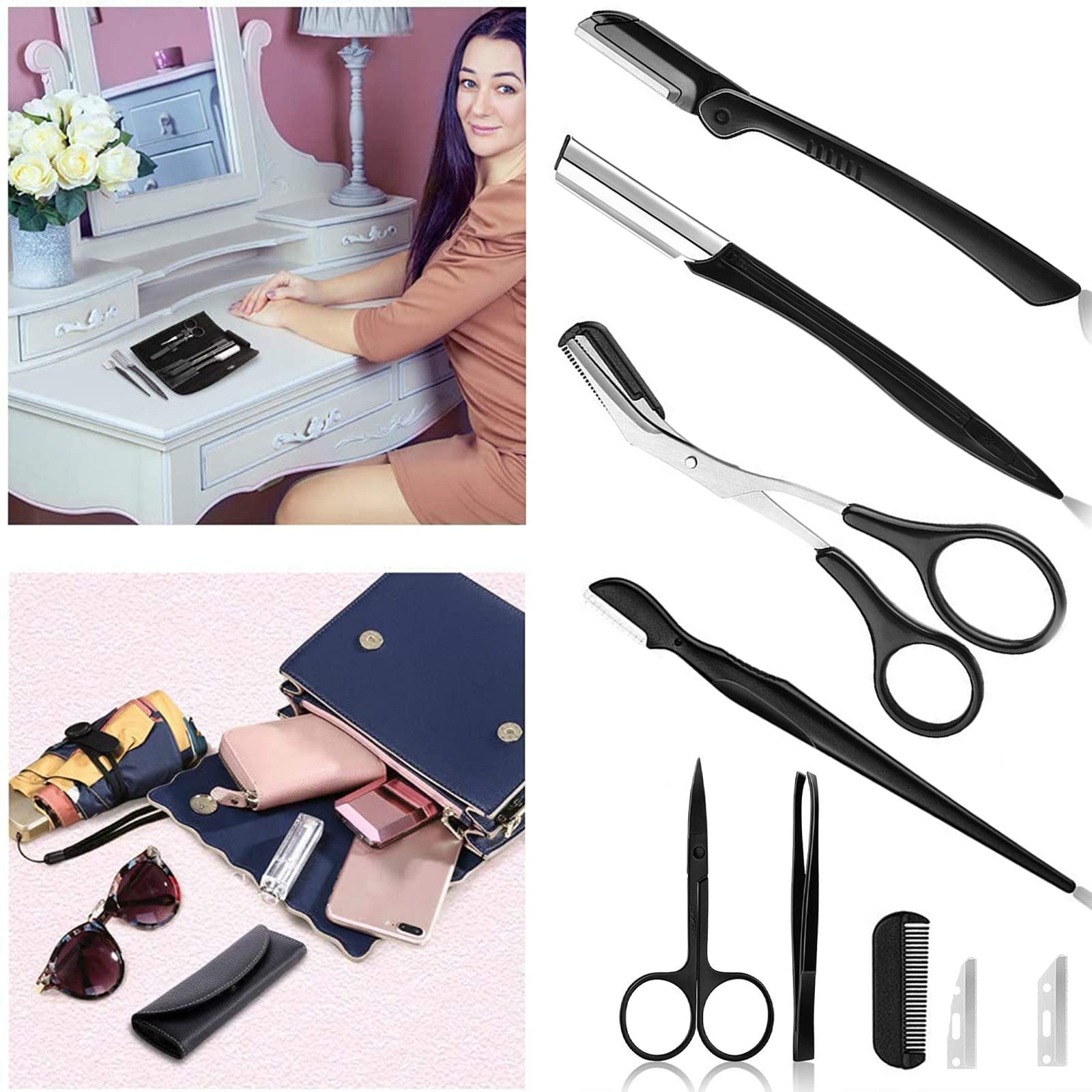Kit Profesional de Cejas 9 Piezas - Pinzas y Tijeras de Acero Inoxidable, Maquinilla y Recortador
