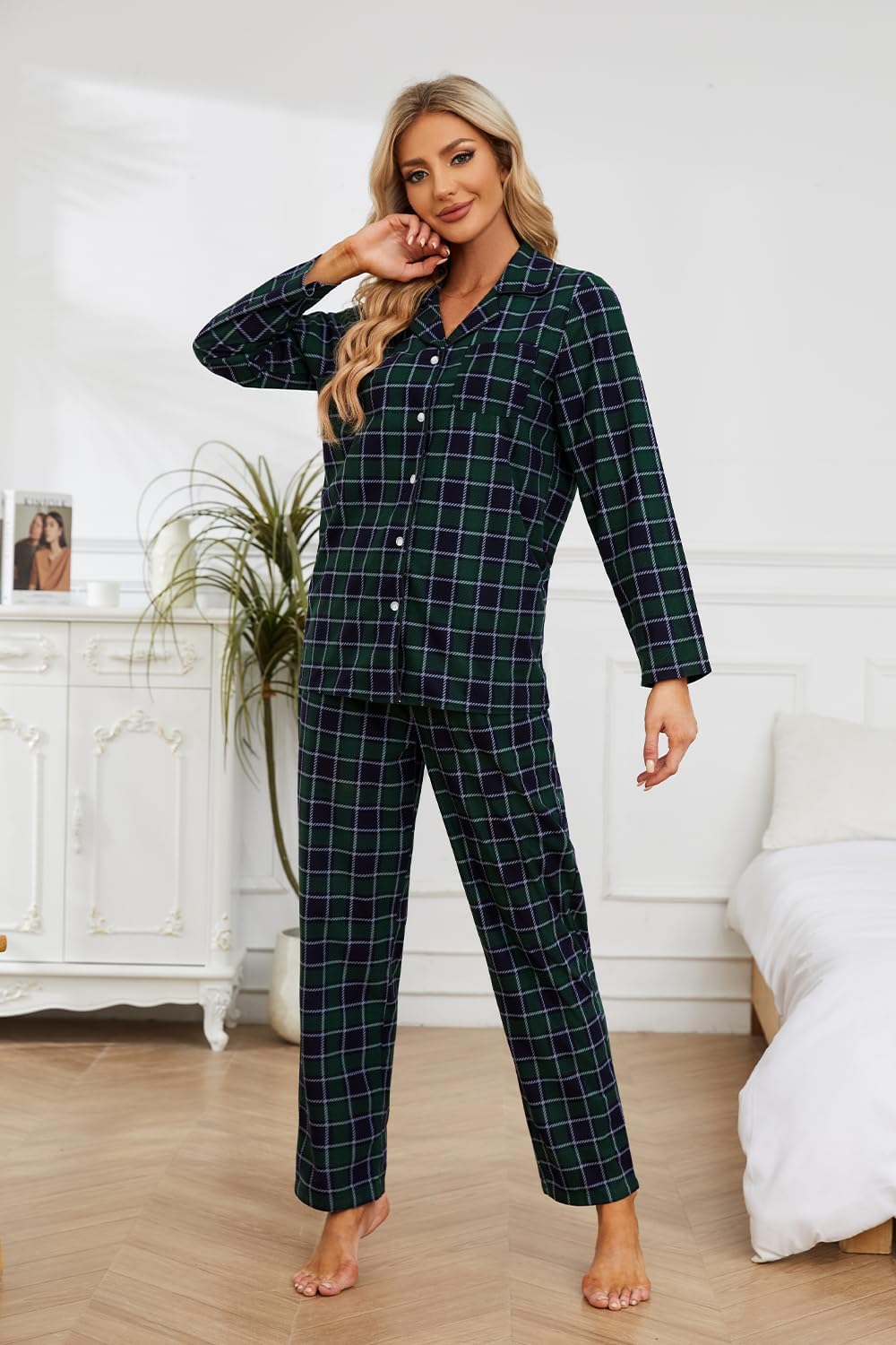 HEARTNICE Women Soft Pajama Set, Long Warm Flannel Pajamas Lightweight Cute Printed Pjs Set with Pockets - Image 4