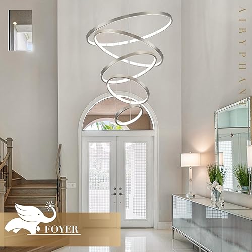 Miniatura 6 de Moedrn - Candelabros LED de 5 anillos de níquel cepillado, lámpara de vestíbulo regulable para techo alto, lámpara de níquel contemporánea regulable