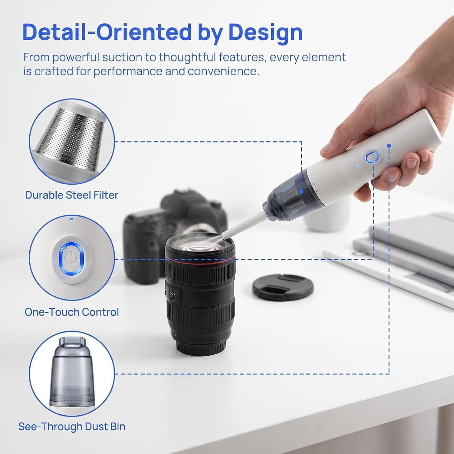Aspiradora De Posos De Café, Mini Aspiradora De Escritorio Inalámbrica, Herramienta De Limpieza Portátil De 22000 Pa Con Doble Succión, 3 Boquillas, Depósito De Polvo De 200 Ml Y Carga Usb-c Para
