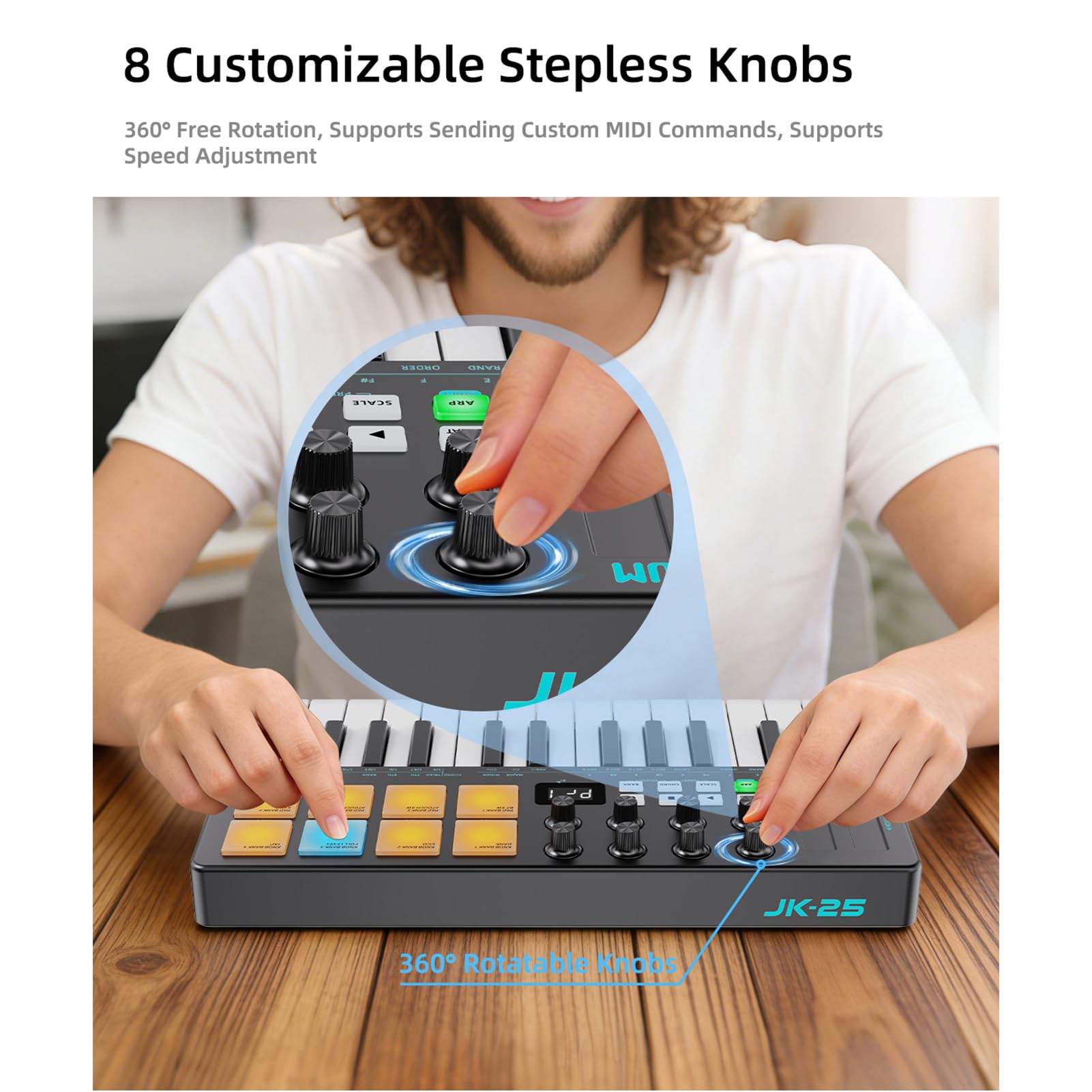 Walmeck Tastiera Controller MIDI BT a 25 Tasti con Pad Sensibili Alla velocità, Funzione di Accordo Arpeggiatore e Ricevitori Ricaricabili per la Produzione DAW (Nera)