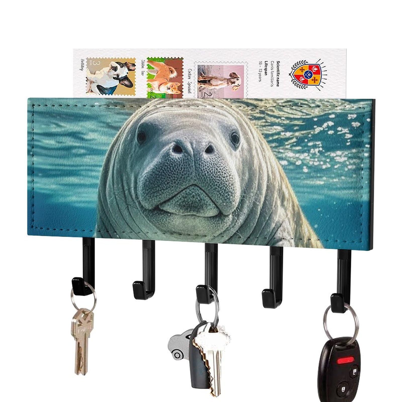 FekiLoot Ocean Animal Manatee Key Holder Wall Mount Key Hanger with 5 Hooks Decorative Key Rack Hanging Key Hooks with Mail Organizer Key Holder for Wall Living Room Kitchen Bathroom Hallway Black