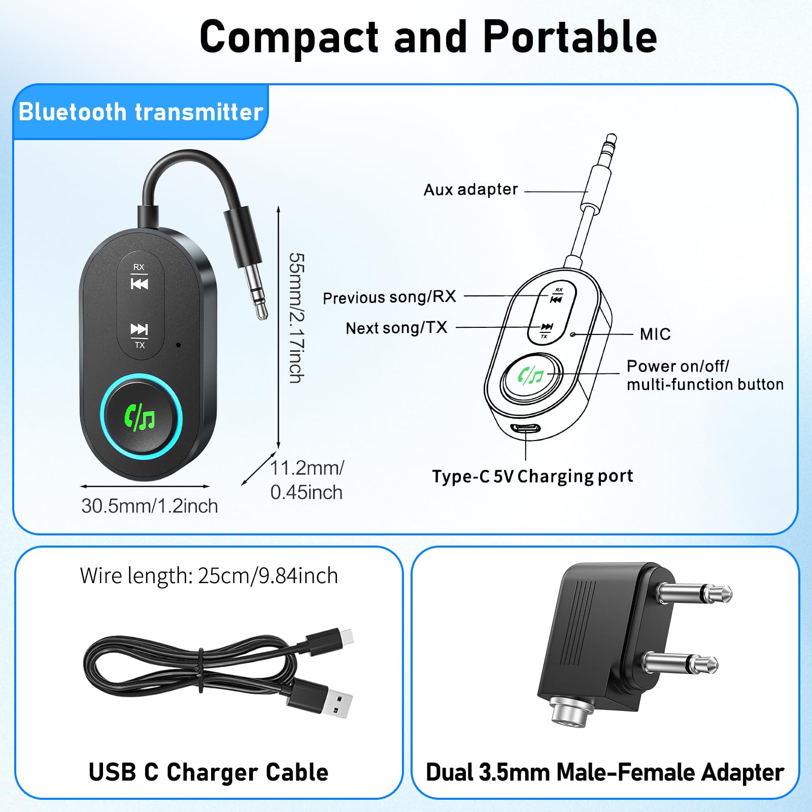 Ticenpe Receptor transmisor Bluetooth 5.3, conector dual para aviones, micrófono para llamadas, adaptador auxiliar 2 en 1 Bluetooth para auriculares, altavoz y coche — view 7