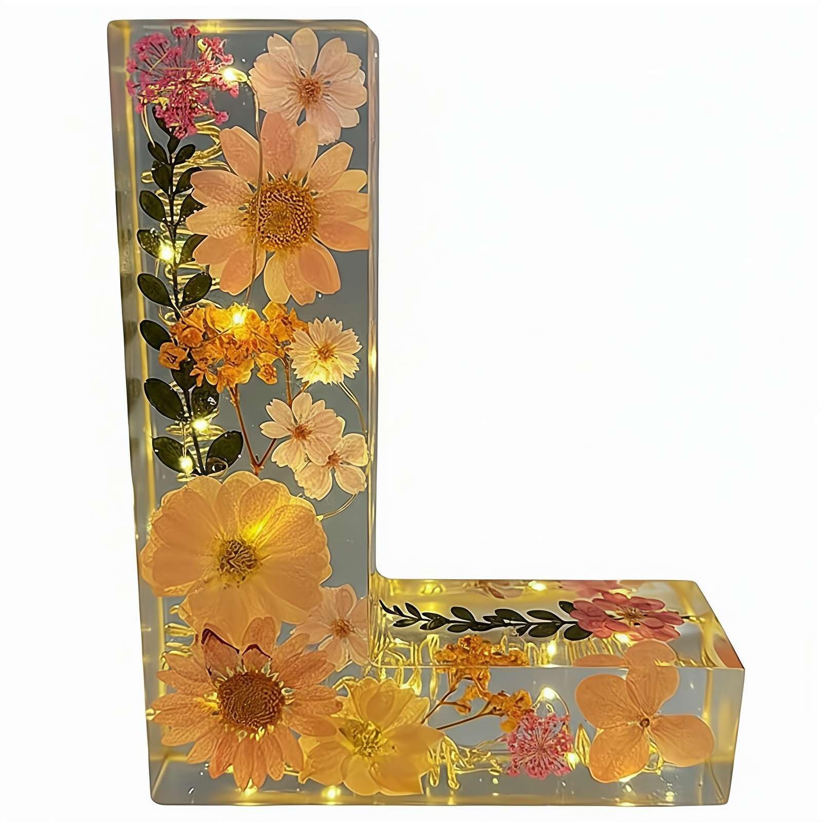 Resin Ornament Kit, Resin Letters with Flowers, Dried Floral Resi N Night Light Letter with LED Lights, Endless Custom Decor Possibilities (L)